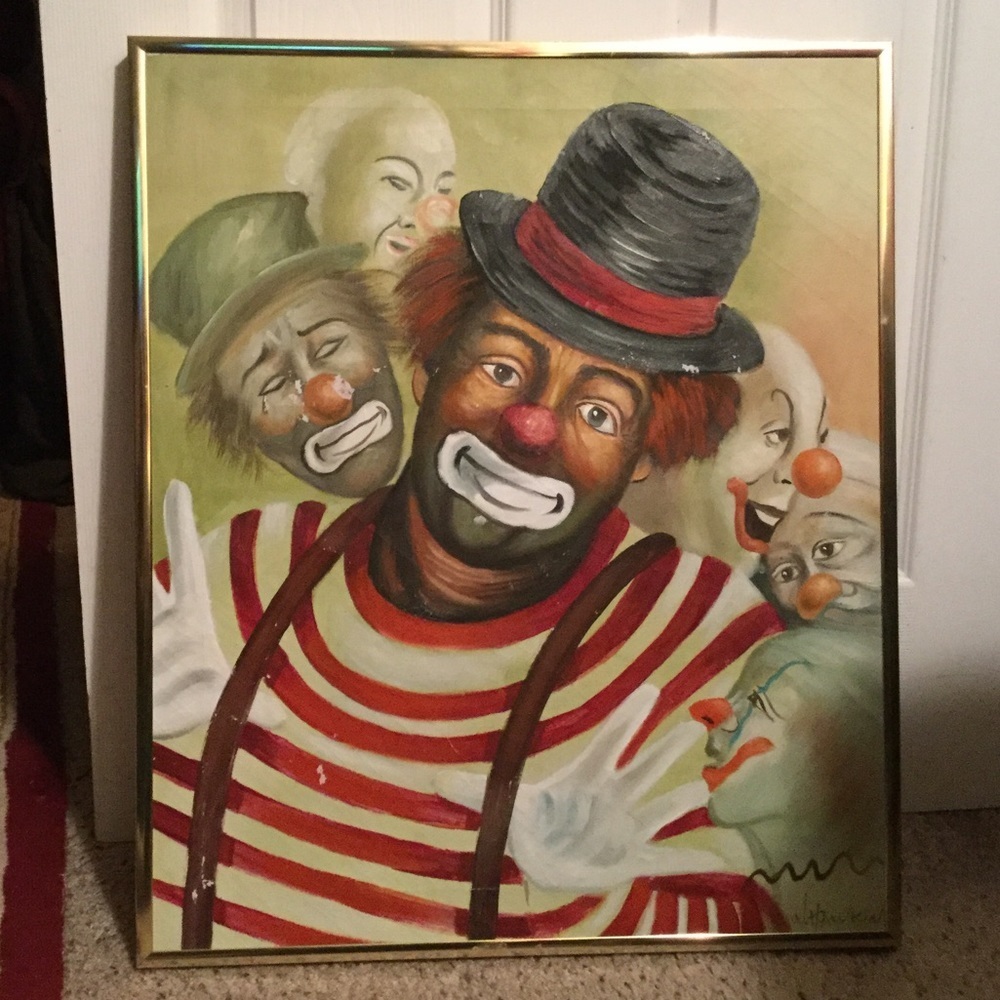 Vintage Oil Painting Picture Wall Art Clowns W Hawkins Signed Framed Y2K Circus